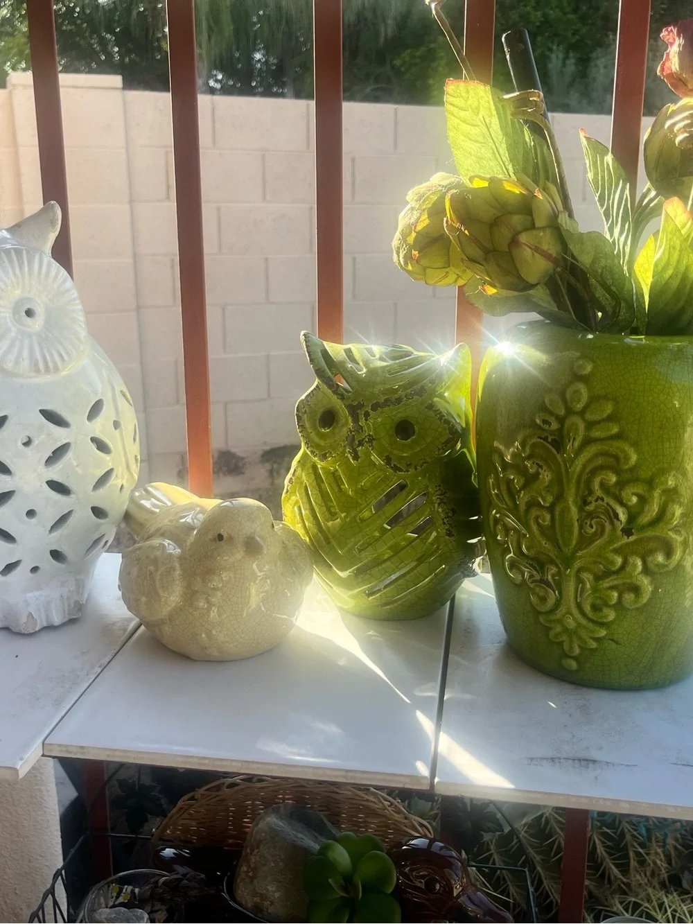 Green Ceramic Decorative Vase with Embossed Scroll Design